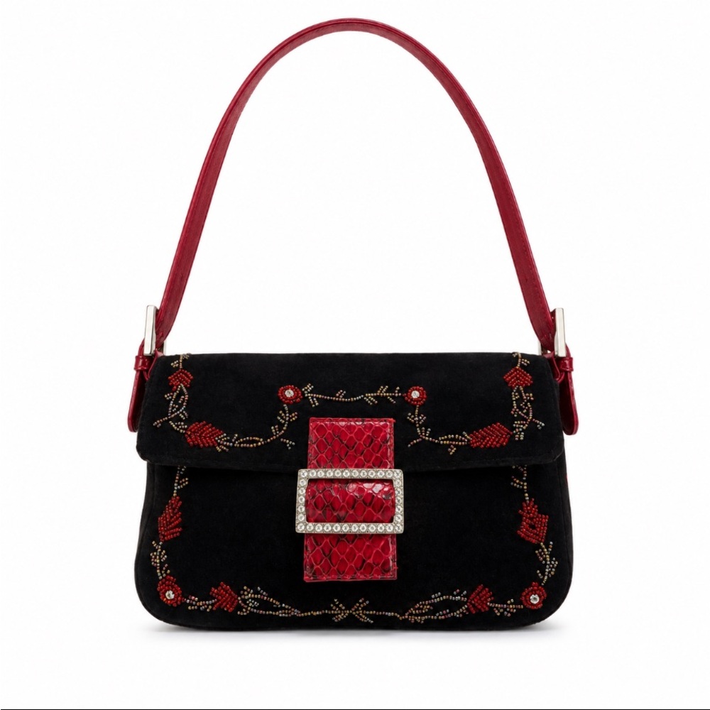 HOLT RENFREW Black and Red Embroidered Shoulder Bag 💥NWOT💥